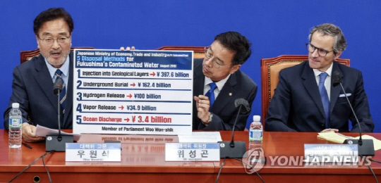 우원식 더불어민주당 후쿠시마 원전 오염수 해양 투기 저지 대책위원회 고문이 9일 서울 여의도 국회에서 열린 더불어민주당 후쿠시마 원전오염수 해양투기저지 대책위원회-국제원자력기구 면담에서 그로시 사무총장에게 원전 오염수 처리 비용과 관련된 자료를 보여주고 있다. <연합뉴스>